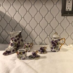 Formalities by Baum brothers miniature tea set and matching boot with pansies